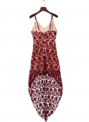 Floral Lace Trim Asymmetric Spaghetti Strap Sbort Party Cocktail Dress