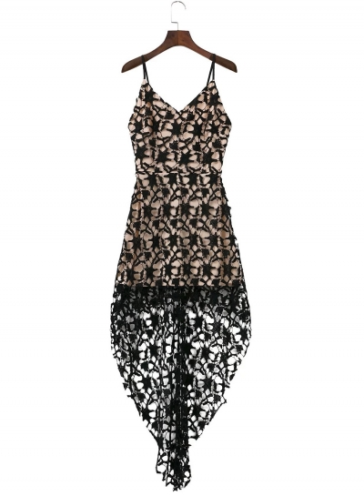 Floral Lace Trim Asymmetric Spaghetti Strap Sbort Party Cocktail Dress YOUYOUFASHIONEC.com