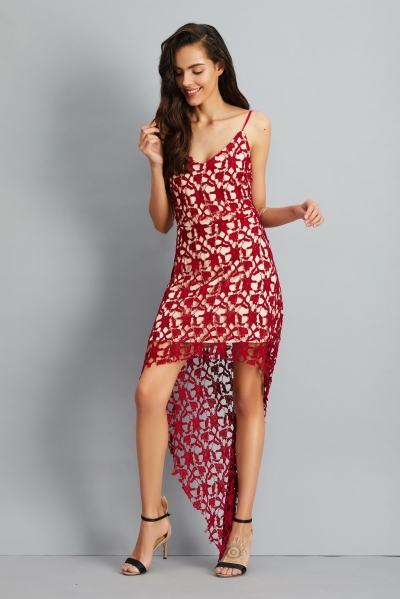 Floral Lace Trim Asymmetric Spaghetti Strap Sbort Party Cocktail Dress stylesimo.com