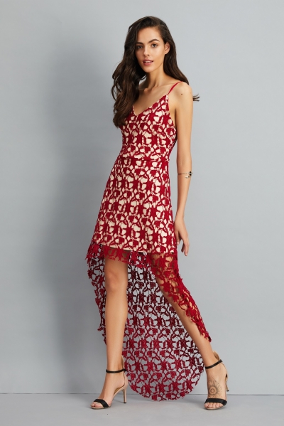 Floral Lace Trim Asymmetric Spaghetti Strap Sbort Party Cocktail Dress