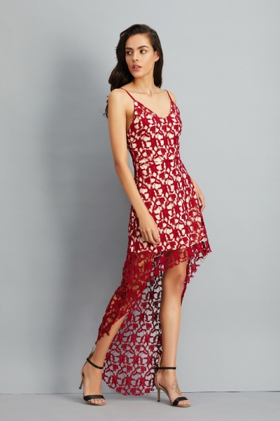 Floral Lace Trim Asymmetric Spaghetti Strap Sbort Party Cocktail Dress stylesimo.com