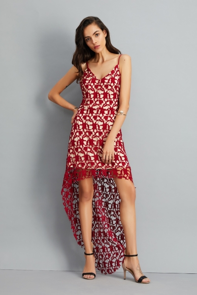 Floral Lace Trim Asymmetric Spaghetti Strap Sbort Party Cocktail Dress stylesimo.com