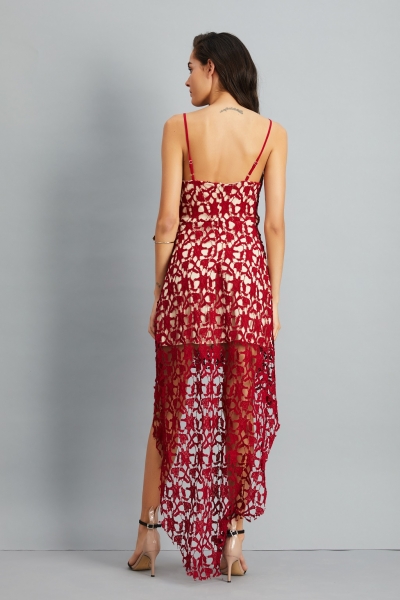 Floral Lace Trim Asymmetric Spaghetti Strap Sbort Party Cocktail Dress stylesimo.com