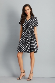 Women's Polka Dot Bow Waist Stand Collar A-Line Day Dress