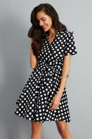 Women's Polka Dot Bow Waist Stand Collar A-Line Day Dress