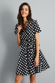 Women's Polka Dot Bow Waist Stand Collar A-Line Day Dress