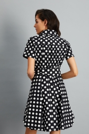 Women's Polka Dot Bow Waist Stand Collar A-Line Day Dress
