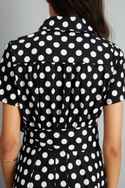 Women's Polka Dot Bow Waist Stand Collar A-Line Day Dress