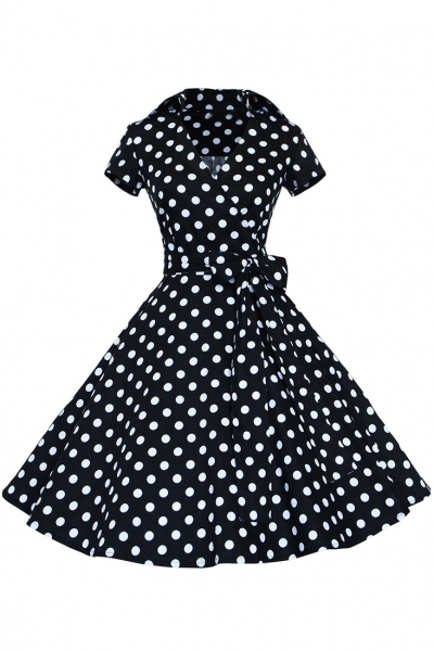Women's Polka Dot Bow Waist Stand Collar A-Line Day Dress YOUYOUFASHIONEC.com