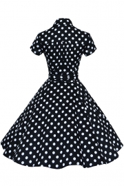 Women's Polka Dot Bow Waist Stand Collar A-Line Day Dress