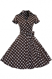 Women's Polka Dot Bow Waist Stand Collar A-Line Day Dress