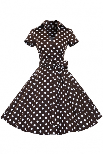 Women's Polka Dot Bow Waist Stand Collar A-Line Day Dress STYLESIMO.com
