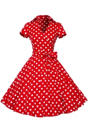 Women's Polka Dot Bow Waist Stand Collar A-Line Day Dress