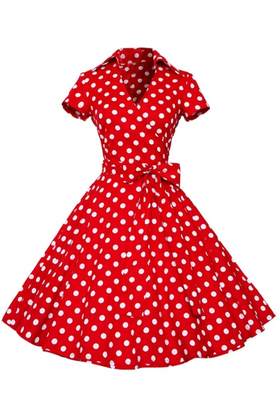 Women's Polka Dot Bow Waist Stand Collar A-Line Day Dress YOUYOUFASHIONEC.com