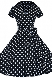 Women's Polka Dot Bow Waist Stand Collar A-Line Day Dress