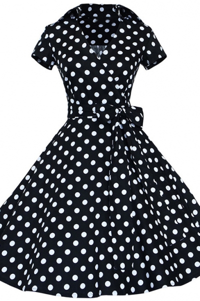 Women's Polka Dot Bow Waist Stand Collar A-Line Day Dress stylesimo.com