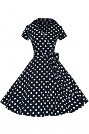 Women's Polka Dot Bow Waist Stand Collar A-Line Day Dress
