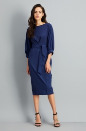 Elegant Lantern Sleeve Belted Slim Fit Slim Midi Dress