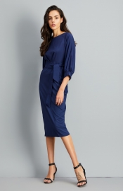 Elegant Lantern Sleeve Belted Slim Fit Slim Midi Dress