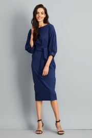 Elegant Lantern Sleeve Belted Slim Fit Slim Midi Dress