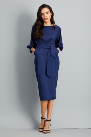 Elegant Lantern Sleeve Belted Slim Fit Slim Midi Dress