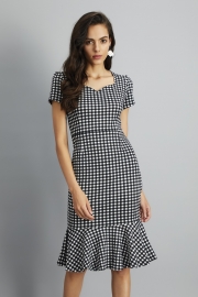 Houndstooth Sweetheart Neck Fishtail Bodycon Dress With Belt
