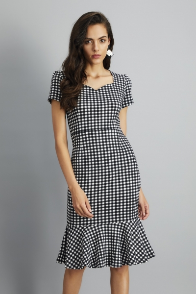 Houndstooth Sweetheart Neck Fishtail Bodycon Dress With Belt STYLESIMO.com