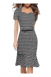 Houndstooth Sweetheart Neck Fishtail Bodycon Dress With Belt
