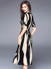 Stripped Print Slim Chiffon Midi Dress