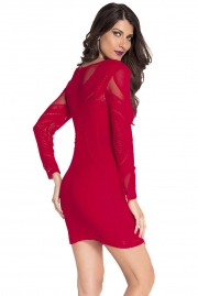 Red Lace Nude Illusion Long Sleeves Bodycon Dress
