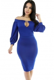 Blue Puffs Peep Hole Off Shoulder Midi Bodycon Dress