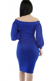 Blue Puffs Peep Hole Off Shoulder Midi Bodycon Dress