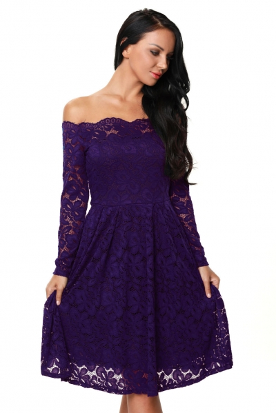 Purple Long Sleeve Floral Lace Boat Neck Cocktail Swing Dress STYLESIMO.com