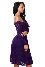 Purple Long Sleeve Floral Lace Boat Neck Cocktail Swing Dress