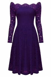 Purple Long Sleeve Floral Lace Boat Neck Cocktail Swing Dress