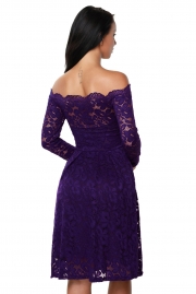 Purple Long Sleeve Floral Lace Boat Neck Cocktail Swing Dress