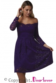 Purple Long Sleeve Floral Lace Boat Neck Cocktail Swing Dress