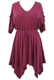Burgundy Lace Up Half Sleeves Irregular Skater Dress
