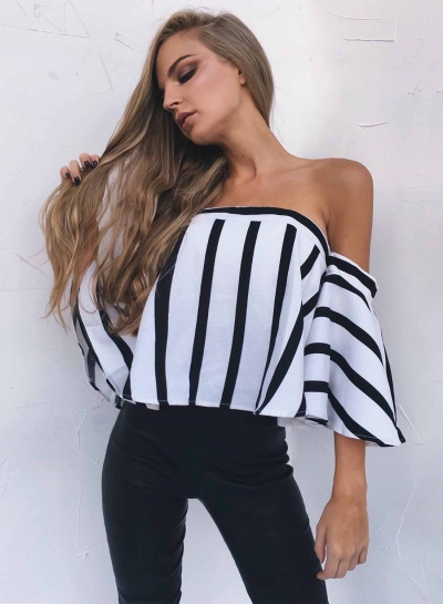 Women's Strapless Striped off Shoulder Flare Sleeve Blouse stylesimo.com