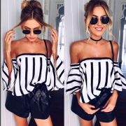 Women's Strapless Striped off Shoulder Flare Sleeve Blouse