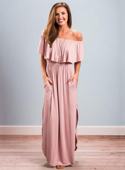 Women's Boho off Shoulder Short Sleeve Ruffle Solid Maxi Dress with Pockets YOUYOUFASHIONEC.com