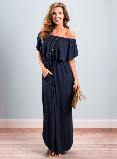 Women's Boho off Shoulder Short Sleeve Ruffle Solid Maxi Dress with Pockets YOUYOUFASHIONEC.com