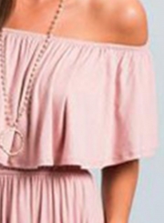 Women's Boho off Shoulder Short Sleeve Ruffle Solid Maxi Dress with Pockets