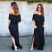 Women's Boho off Shoulder Short Sleeve Ruffle Solid Maxi Dress with Pockets