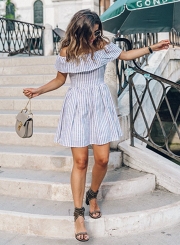 Women's Casual Striped off Shoulder Ruffle Short Sleeve Backless Dress