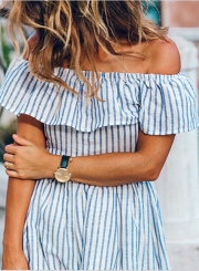 Women's Casual Striped off Shoulder Ruffle Short Sleeve Backless Dress