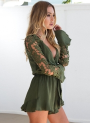 V Neck Lace Panel Tie Front Romper