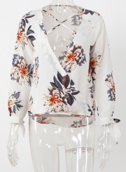 Floral V Neck Long Sleeve Chiffon Blouse