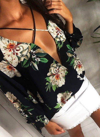 Floral V Neck Long Sleeve Chiffon Blouse YOUYOUFASHIONEC.com