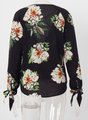 Floral V Neck Long Sleeve Chiffon Blouse